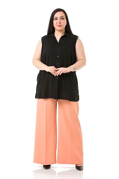 DISENTIS MODEST Plus Size - Side and Back Elastic Wide Leg Double Salmon Trousers