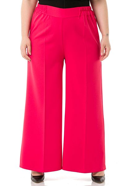 DISENTIS MODEST Plus Size Wide Leg Double Fuchsia Trousers with Elastic Waist, Sides and Back