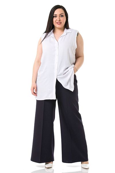 DISENTIS MODEST Plus Size Elastic Waist Side and Back Wide Leg Double Navy Blue Trousers