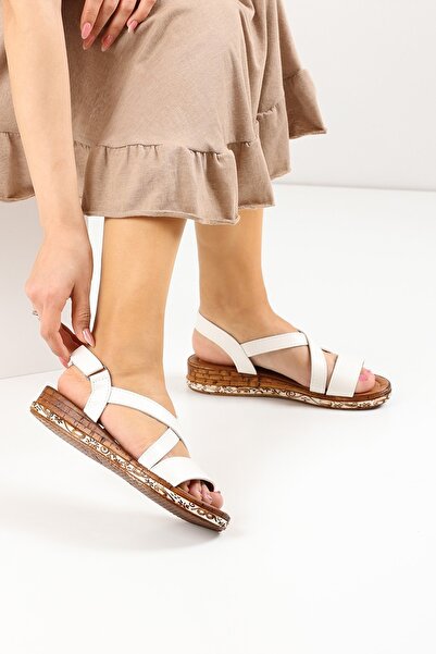 Ayax Beyaz Cırtlı Kadın Sandalet