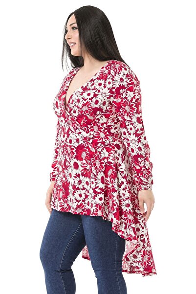 DISENTIS MODEST Büyük Beden Kruvaze Kol Ağzı Lastikli Arkadan Fermuarlı Arkası Uzun Çiçekli Kırmızı Tunik