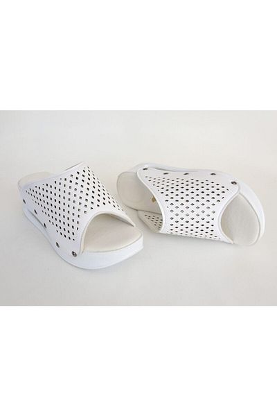 Nur Ortopedi Women's White Flat Diamond Hole Slippers Sabo
