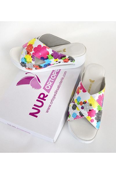 Nur Ortopedi Colorful Patterned Flowers Slippers