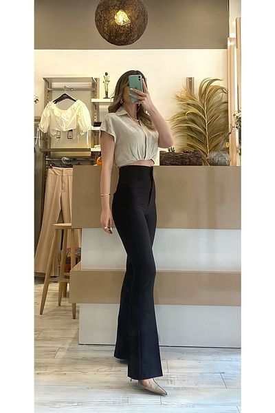 Elf Trend Pocketless Slim Fit Extra High Waist Ornamental Pocket Flared Leg Gathering Black Trousers
