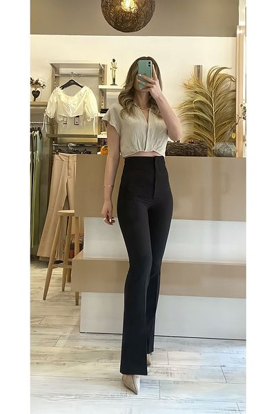 Elf Trend Pocketless Slim Fit Extra High Waist Ornamental Pocket Flared Leg Gathering Black Trousers