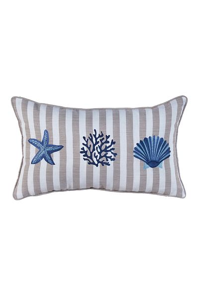 caka home design Embroidered Throw Pillow Cover with Piping Star - Coral - Mussel ( Ecru X Beige Striped / Navy Blue Embroidery )
