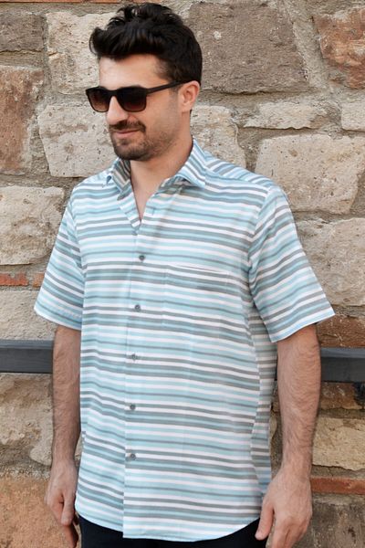 YILDIZ GÖMLEK Short Sleeve Classic Cut Men's Shirt with Turquoise and Green Stripes on White Background