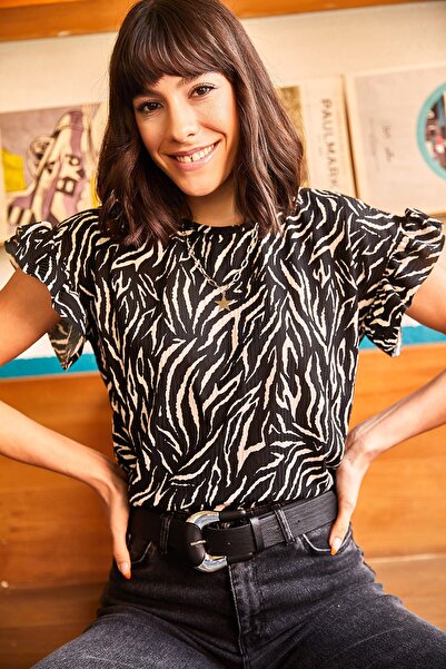 Olalook Γυναικείο μπλουζάκι καμίζι με μαύρο μανίκι ζέβρα TSH-19000417