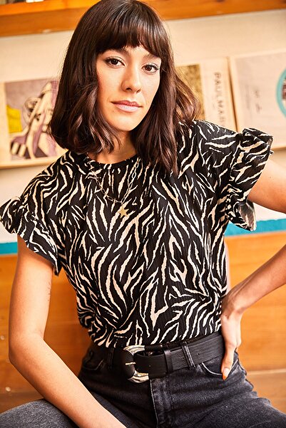 Olalook Γυναικείο μπλουζάκι καμίζι με μαύρο μανίκι ζέβρα TSH-19000417