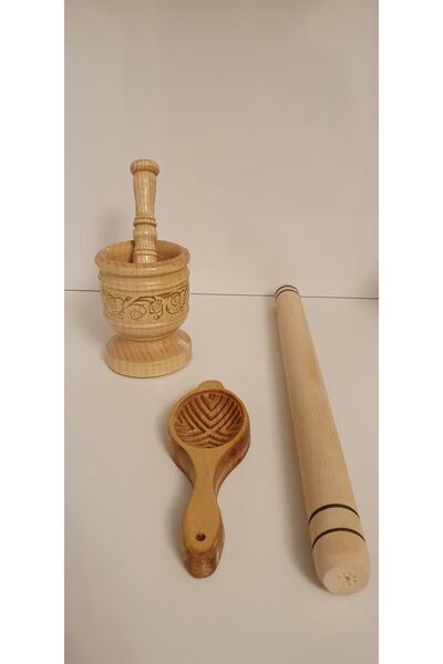 Ahşapdeluxe Kısa Oklava-havan-kurabiye Kalıbı Seti 3'lü