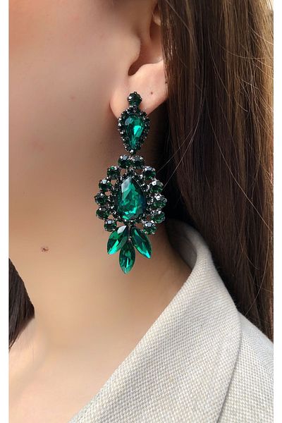 dejavugümüş Women's Green Colored Dangled Crystal Stone Evening Dress Earrings