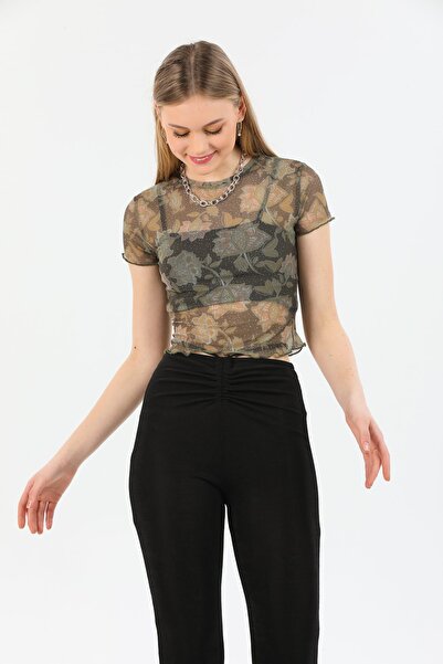 Bukamiss Γυναικεία μπλούζα με κοντό μανίκι με πράσινο λουλούδι