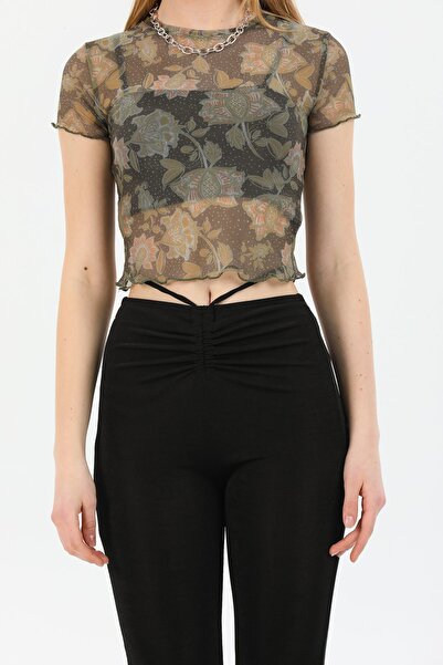 Bukamiss Γυναικεία μπλούζα με κοντό μανίκι με πράσινο λουλούδι