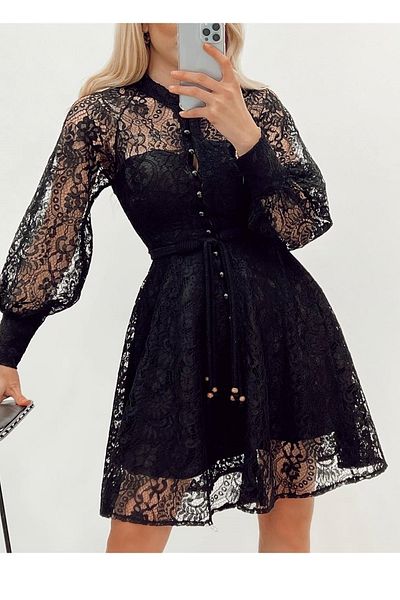 bayansepeti Lined Lace Fabric Button Detailed Black Evening Dress Black Graduation Dress 100