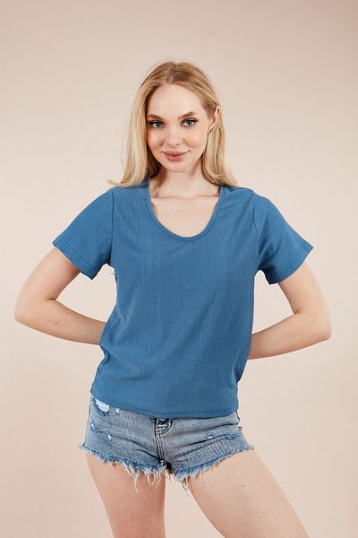 MEECY Bluză de damă, albastru indigo, cu decolteu în U