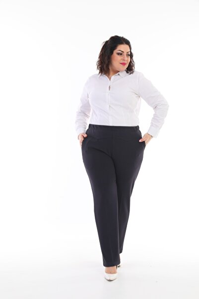 EVS WOMAN Kadın Lacivert Büyük Beden Beli Lastikli Örme Pantolon