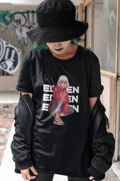 Edizen Tricou negru oversize cu imprimeu anime unisex