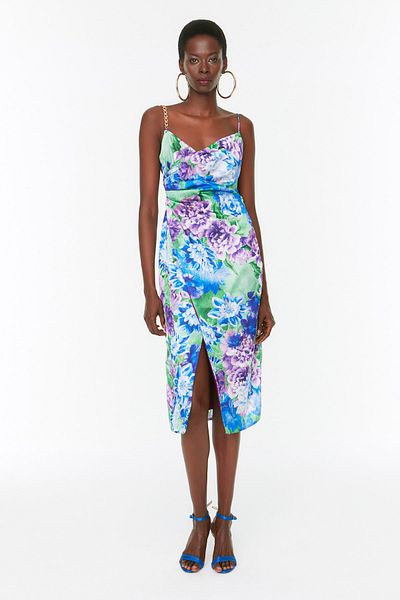 Trendyol Collection Πολύχρωμο βραδινό φόρεμα με στάμπα πράσινου λουλουδιού TPRSS21EL3753