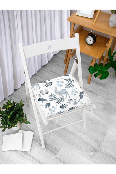 Realhomes Digital Printed Modern Zippered Chair Cushion with Deer and Leaf Motifs in White Background