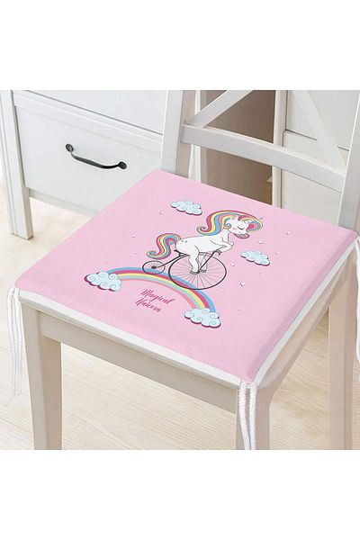 Realhomes Pernă de scaun cu fermoar pe podea roz, cu bicicletă și design unicorn