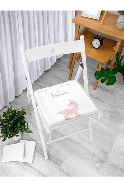 Realhomes Unicorn Patterned White Floor Baby Shower Chair - Zippered Children's Room Cushion