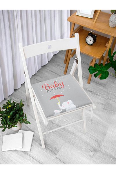 Realhomes Gray Floor Elephant Patterned Baby Shower Digital Printed Children's Room Zippered Chair Cushion
