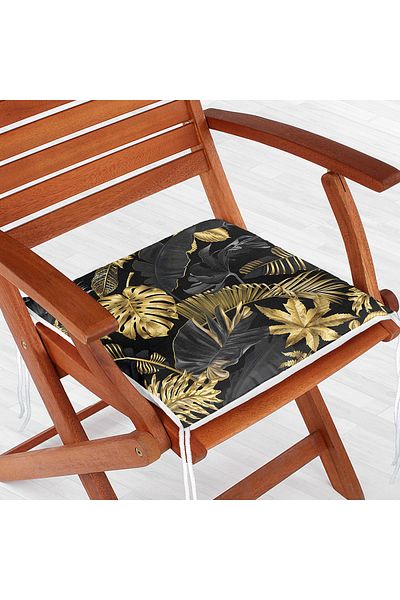 Realhomes Gold Leaves Patterned Zippered Chair Cushion on Black Background