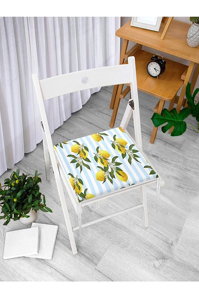 Realhomes Blue Striped Lemon Patterned Digital Printed Zippered Chair Cushion