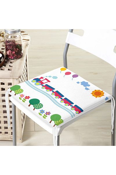 Realhomes Children's Patterned Digital Printed Modern Zippered Chair Cushion with Train and Tree Figures