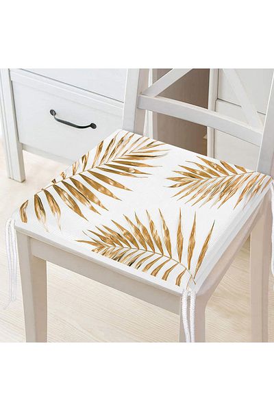 Realhomes Gold Colored Palm Leaves Digital Printed Zippered Chair Cushion