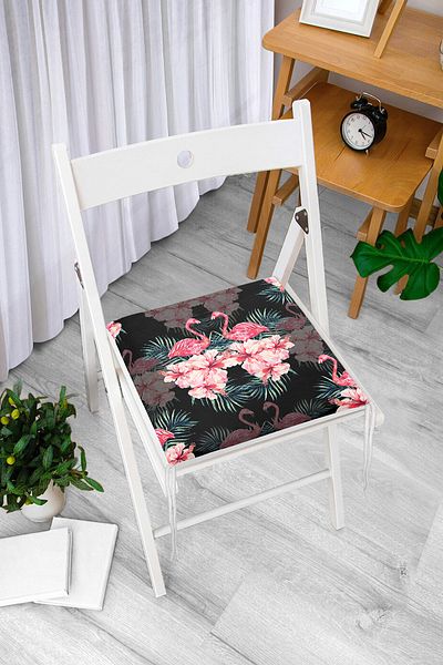 Realhomes Lilies and Flamingo Special Design Zippered Chair Cushion on Black Floor