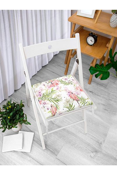 Realhomes Digital Printed Modern Zippered Chair Cushion with Flowers and Flamingo Motifs on White Background