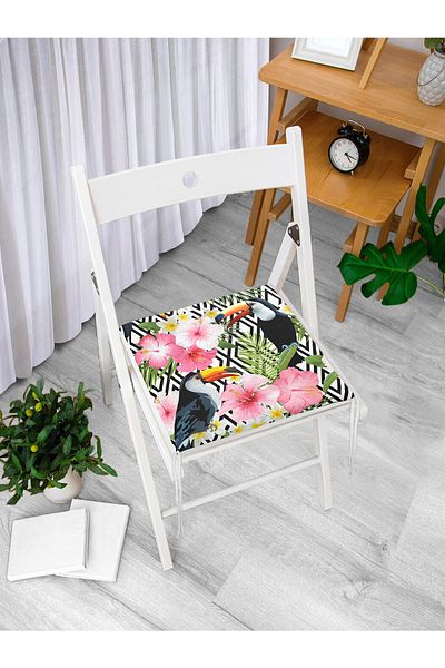 Realhomes Geometric Floor Digital Printed Zippered Chair Cushion with Tropical Toucan Bird and Plant Figures