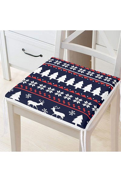 Realhomes Navy Blue Floored Tree and Deer Patterned Zippered Chair Cushion