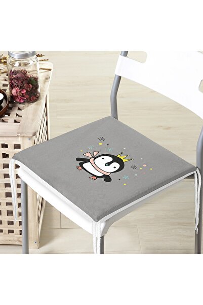 Realhomes Gri Zeminli Uçan Sevimli Penguen Tasarımlı Modern Fermuarlı Sandalye Minderi