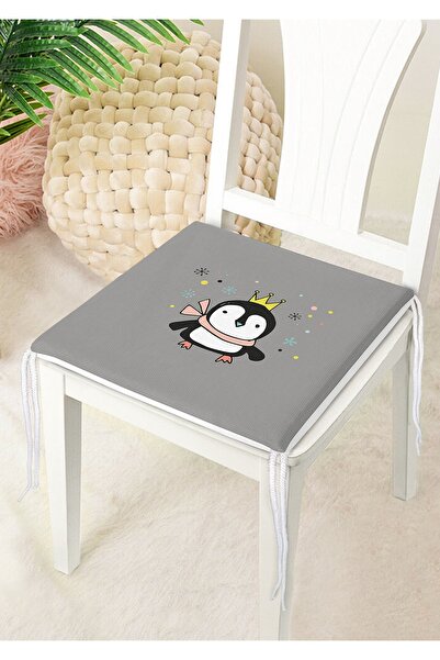 Realhomes Gri Zeminli Uçan Sevimli Penguen Tasarımlı Modern Fermuarlı Sandalye Minderi