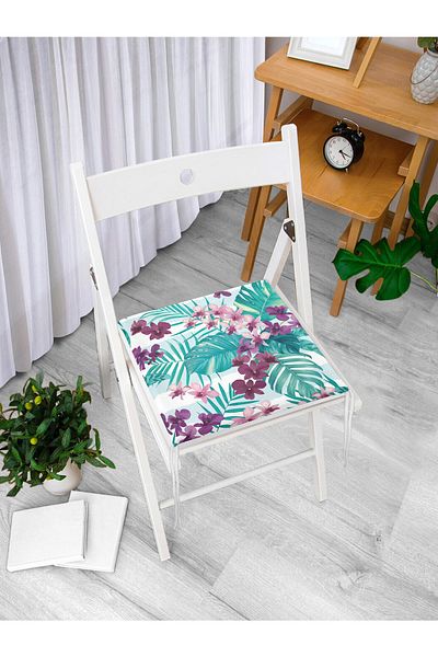 Realhomes Turquoise Themed Lilac Flower Patterned Zippered Chair Cushion