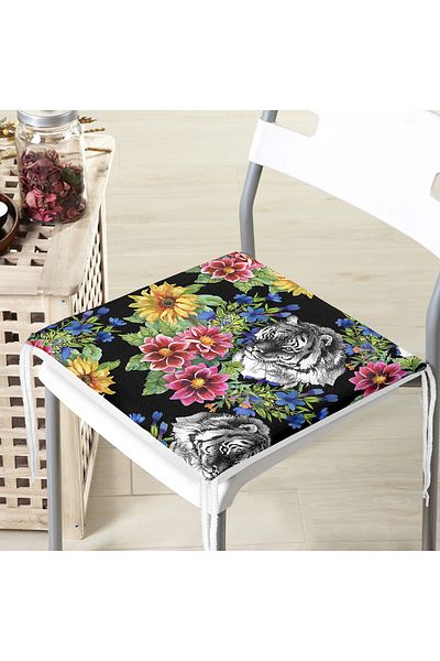 Realhomes Leopard and Flowers on Black Background Special Design Zippered Chair Cushion
