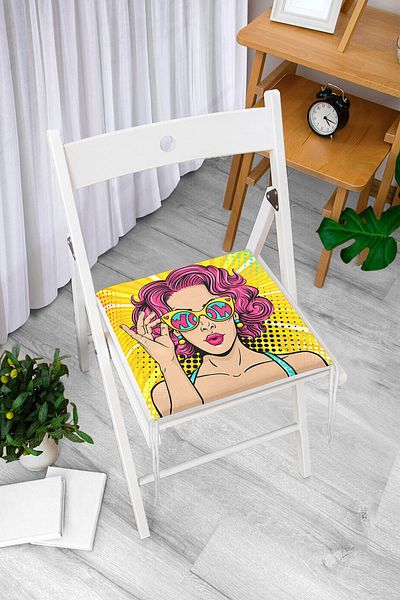 Realhomes Pop Art Girl Patterned Zippered Chair Cushion with Yellow Background