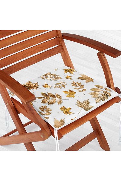 Realhomes Gold Leaves Patterned Digital Printed Zippered Chair Cushion on White Background