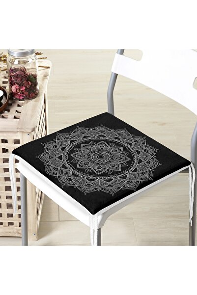 Realhomes Siyah Zeminde Beyaz Mandala Desenli Fermuarlı Sandalye Minderi