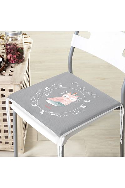 Realhomes Gray Floor I'm Beautiful Written Owl Motif Digital Printed Children's Room Zippered Chair Cushion