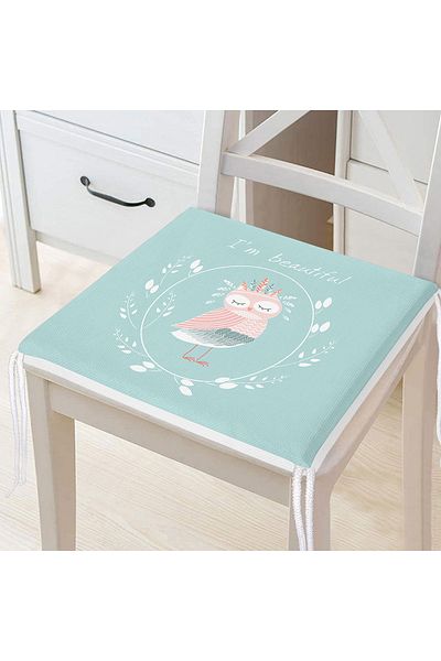 Realhomes Green Floor I'm Beautiful Written Owl Motif Children's Room Zippered Chair Cushion