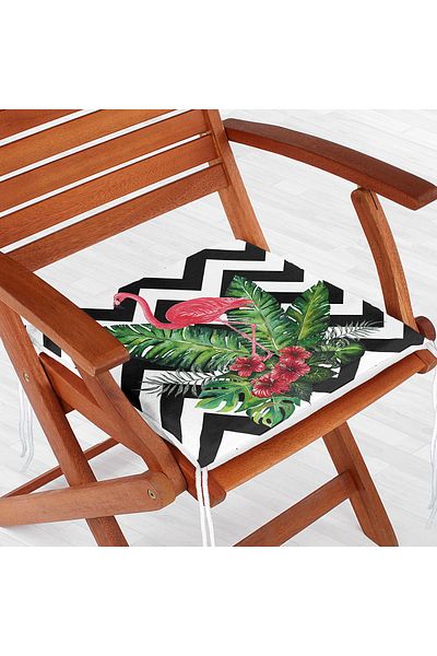 Realhomes Modern Zippered Chair Cushion with Flamingo and Leaves Design on Zigzag Floor