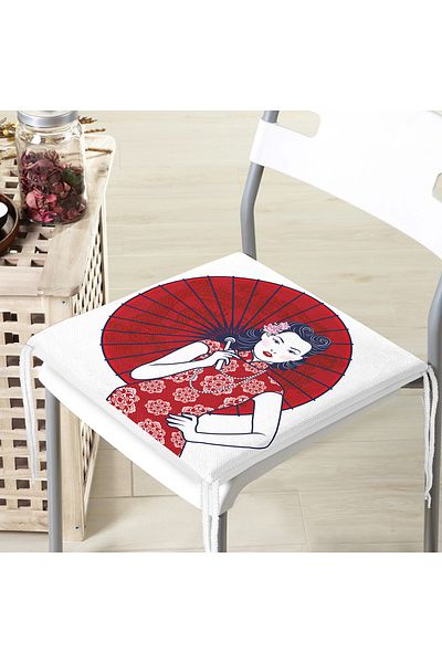 Realhomes Japanese Women's Motif Zippered Chair Cushion with Red Umbrella on the Back