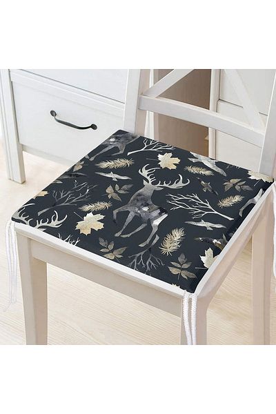 Realhomes Zippered Chair Cushion with Deer and Leaf Pattern on Black Background
