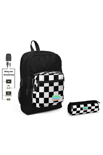 Coral High Комплект черна карирана раница и моливи за начално училище - момче - с USB порт