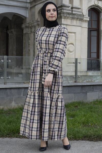 Feiza Collection Ekose Desenli Elbise - Bej