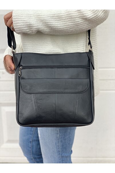 Deribag Geantă de umăr cu curea încrucișată din piele naturală neagră