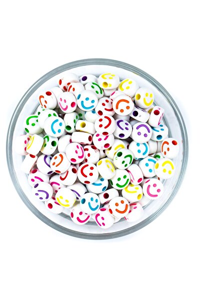 yfhobi 25 Gram - 10 Mm Beyaz Üzeri Renkli Gülenyüz Figürlü Yassı Plastik Bonc...